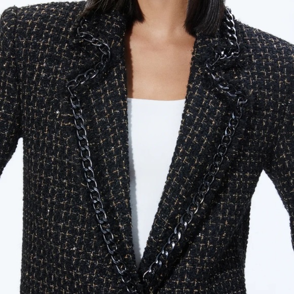 NWT Alice + Olivia Shan Tweed Chain Trim Blazer Jacket Black Metallic Size 0 - Picture 9 of 16